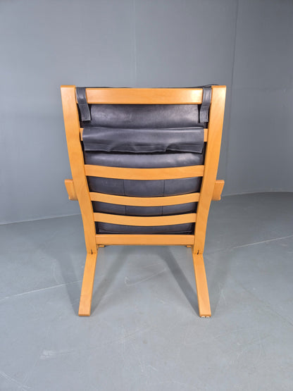 Vintage Danish Lounge Chair Bent Wood Frame Black Leather Cushion 1980s EB13077
