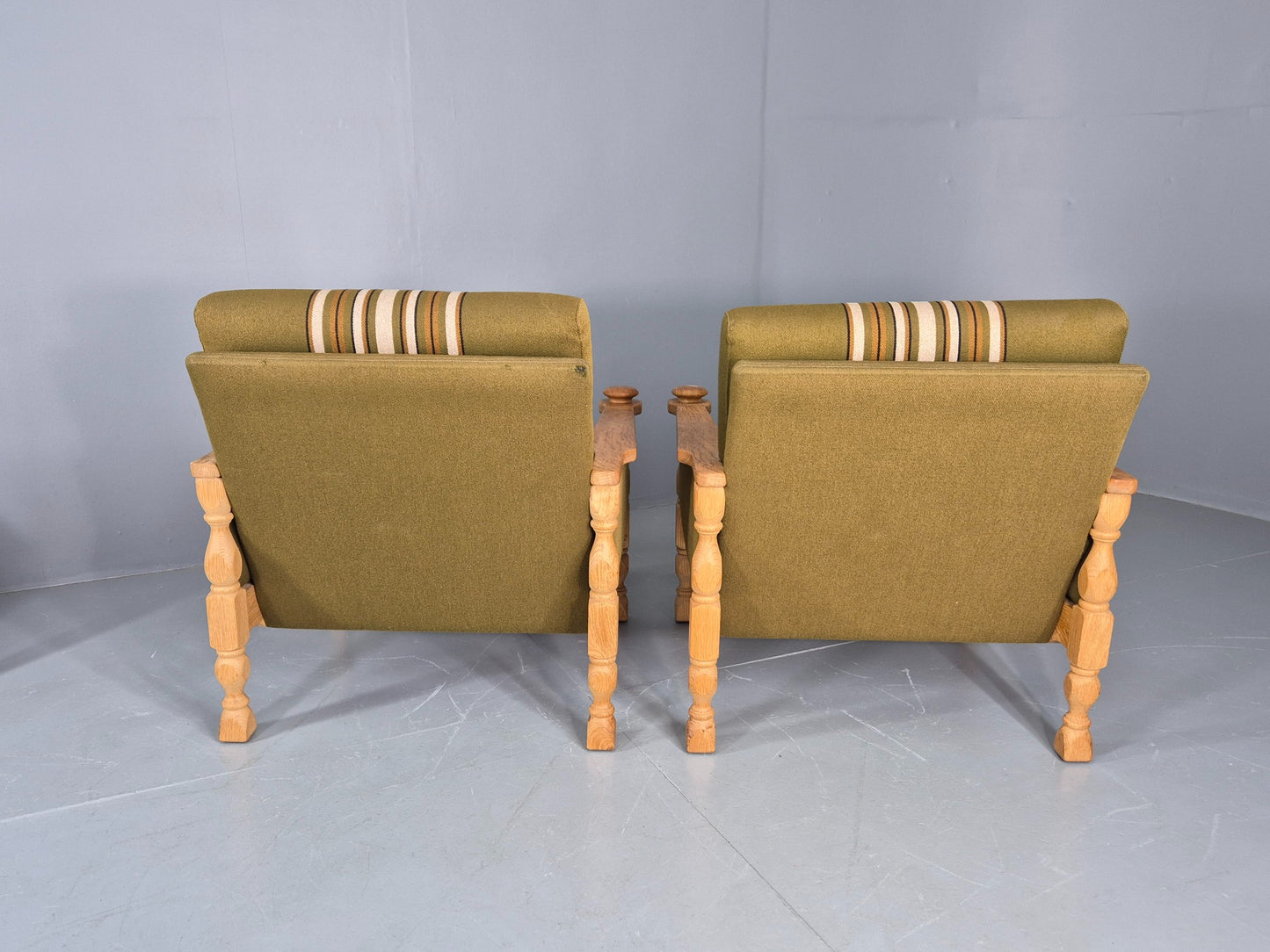 2 vintage Kjaernulf Armchairs with footstool Oak and Green Retro 1970s EB12778