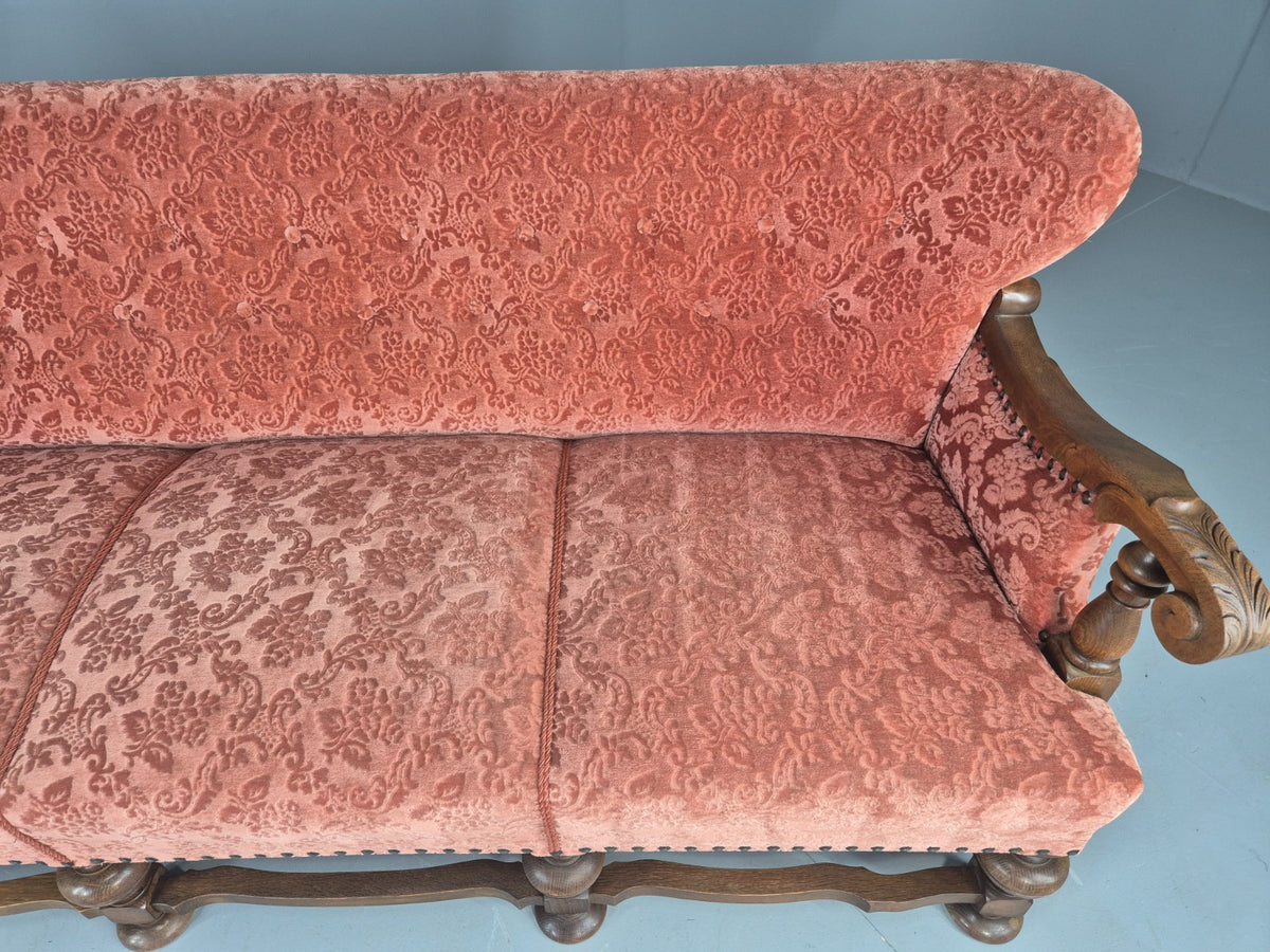 Vintage 3 Seater Sofa Danish Baroque Revival Pink Floral Moquette 1950s EB12698