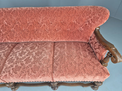 Vintage 3 Seater Sofa Danish Baroque Revival Pink Floral Moquette 1950s EB12698