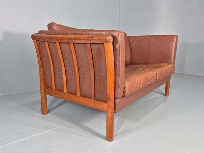 Vintage 2 Seater Sofa Danish Brown Leather Wood Ends Retro 1980s EB8349 M2SS