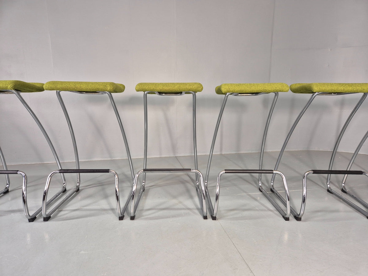 7 Orange Box Spring Bar Stools Modern Design Green Chenille Chrome Frame EB12992