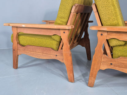 2 Vintage Lounge Chairs 1970s Danish Kjaernulf Oak Frames Green Cushions EB12780