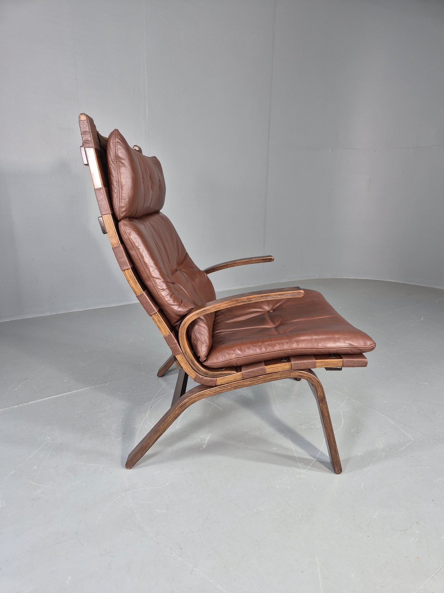 Vintage 1970s Leather Lounge Chair Farstrup Denmark Bentwood Frame Retro EB12312