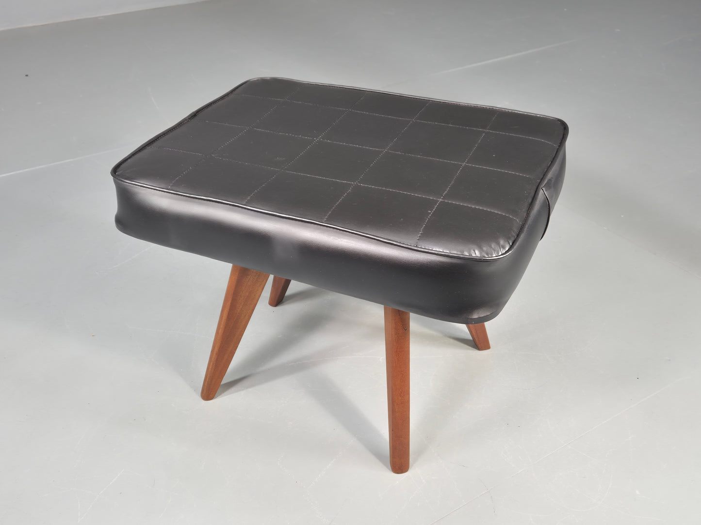 Vintage Mid Century Danish Footstool Black Vinyl Teak Legs 1960s Retro EB12148
