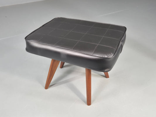 Vintage Mid Century Danish Footstool Black Vinyl Teak Legs 1960s Retro EB12148