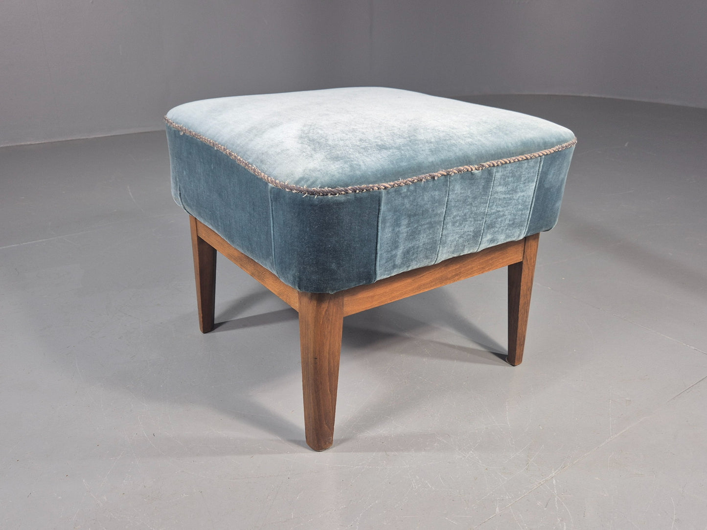 Vintage Danish Mid Century Footstool Blue Velour Upholstery 1950s Retro EB12053