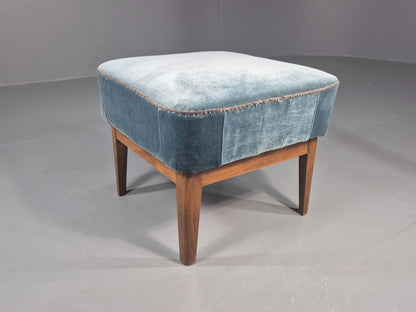 Vintage Danish Mid Century Footstool Blue Velour Upholstery 1950s Retro EB12053