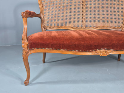 Vintage Danish 2 Seat Sofa French Style Bergere Back Red Velvet Velour EB12744
