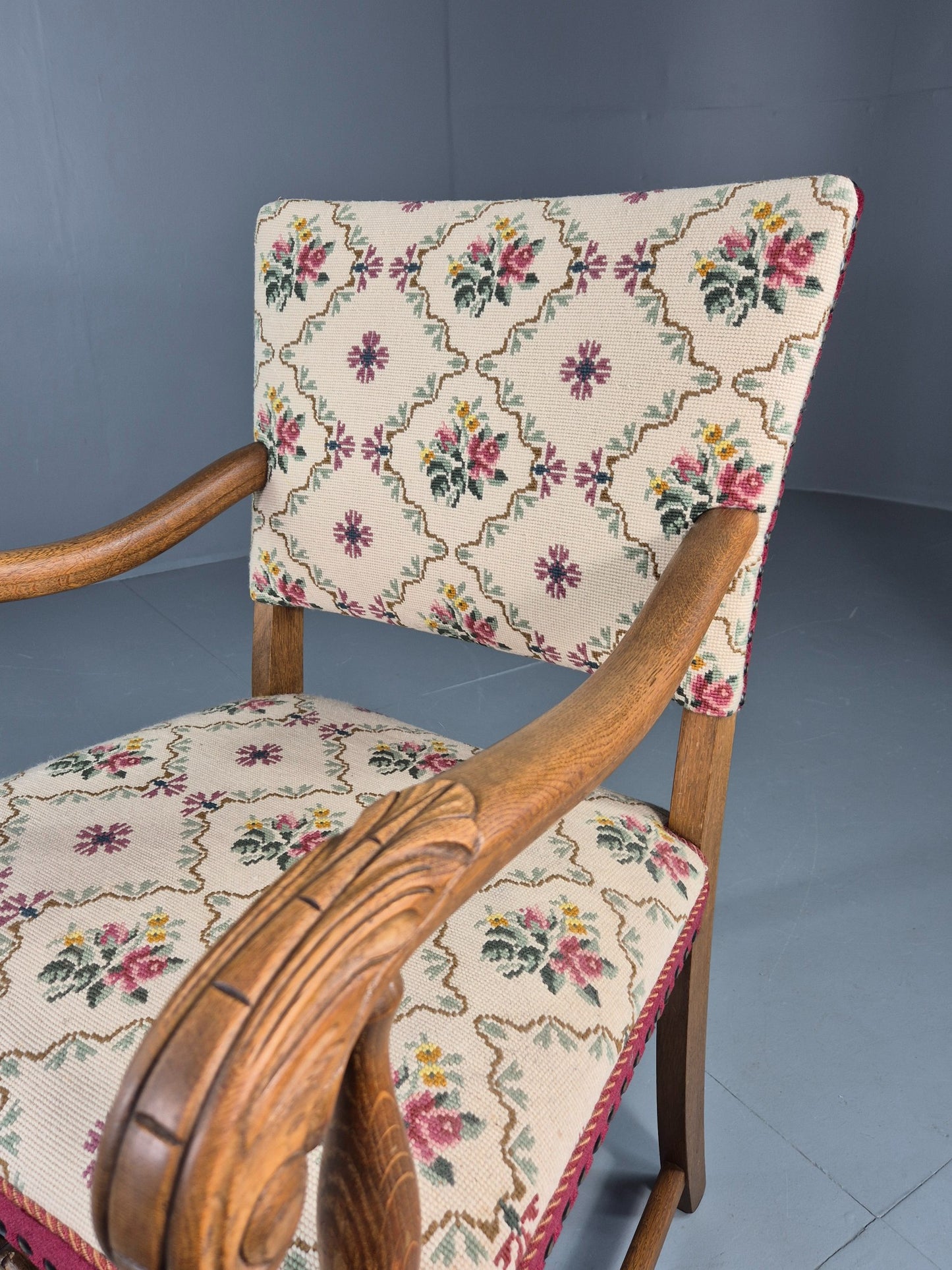 Vintage Danish Baroque Armchair Carved Oak Frame Tapestry Seat EB12113