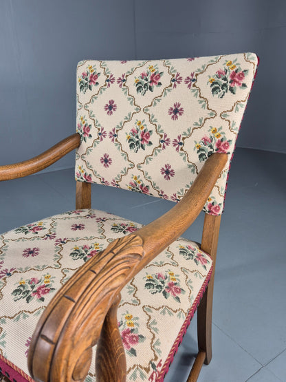Vintage Danish Baroque Armchair Carved Oak Frame Tapestry Seat EB12113