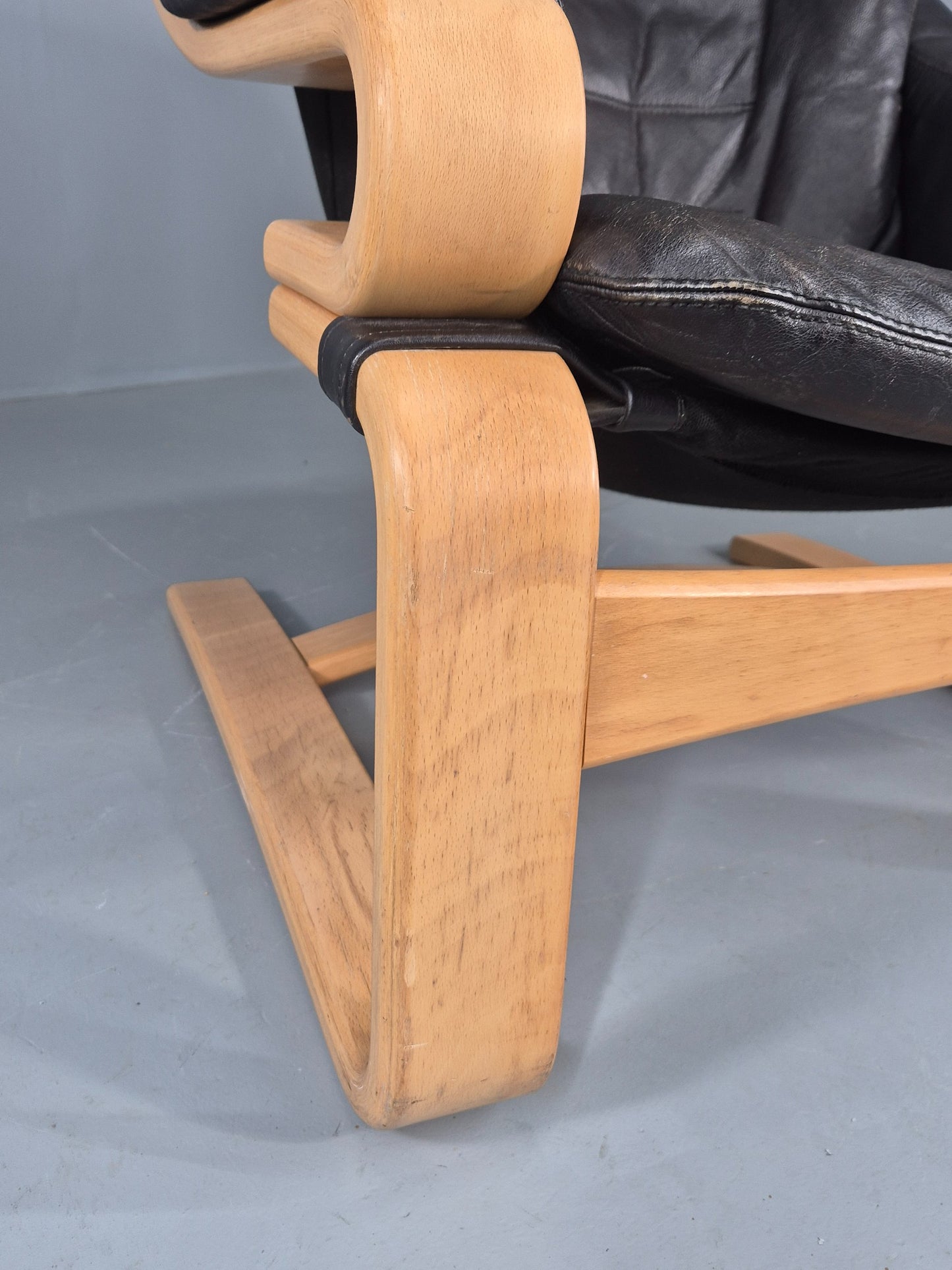 Vintage 1970s Lounge Chair Krokken By Fribytter Leather Bentwood Retro EB11999