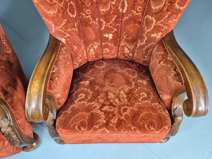 2 Vintage Danish 40s Lounge Chairs Carved Frame Cut Moquette Upholstery EB12906