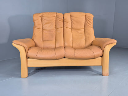 Vintage Stressless Windsor 2 seater Sofa Tan Leather Blonde Wood Frame Eb12590