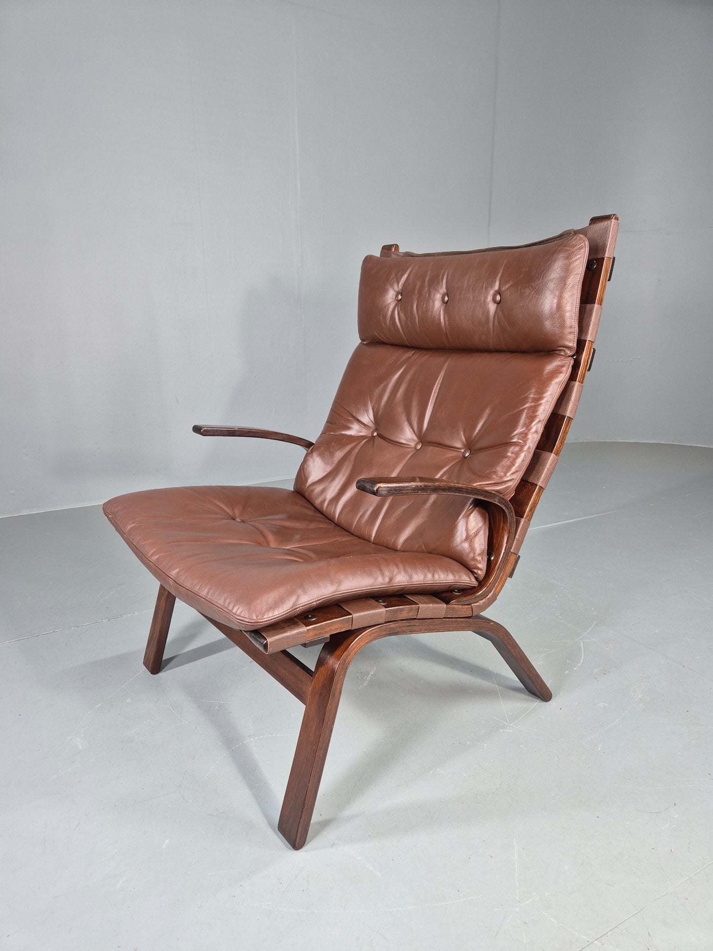 Vintage 1970s Leather Lounge Chair Farstrup Denmark Bentwood Frame Retro EB12312