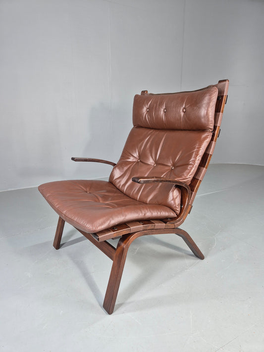 Vintage 1970s Leather Lounge Chair Farstrup Denmark Bentwood Frame Retro EB12312