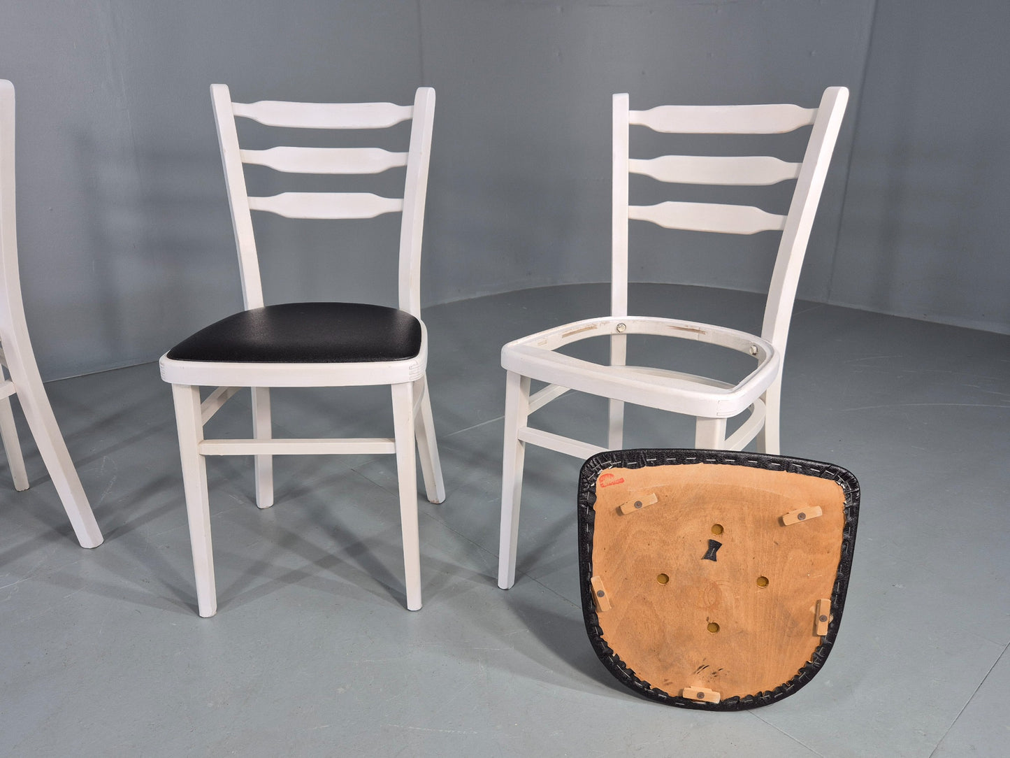 4 Vintage Kitchen Chairs 1960s Retro Black Vinyl and White Painted EB12584