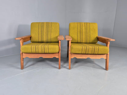 2 Vintage Lounge Chairs 1970s Danish Kjaernulf Oak Frames Green Cushions EB12780
