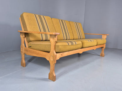 Vintage Danish 3 seater Sofa Oak Kjaenulf Green Cushions 1970s Retro EB12776