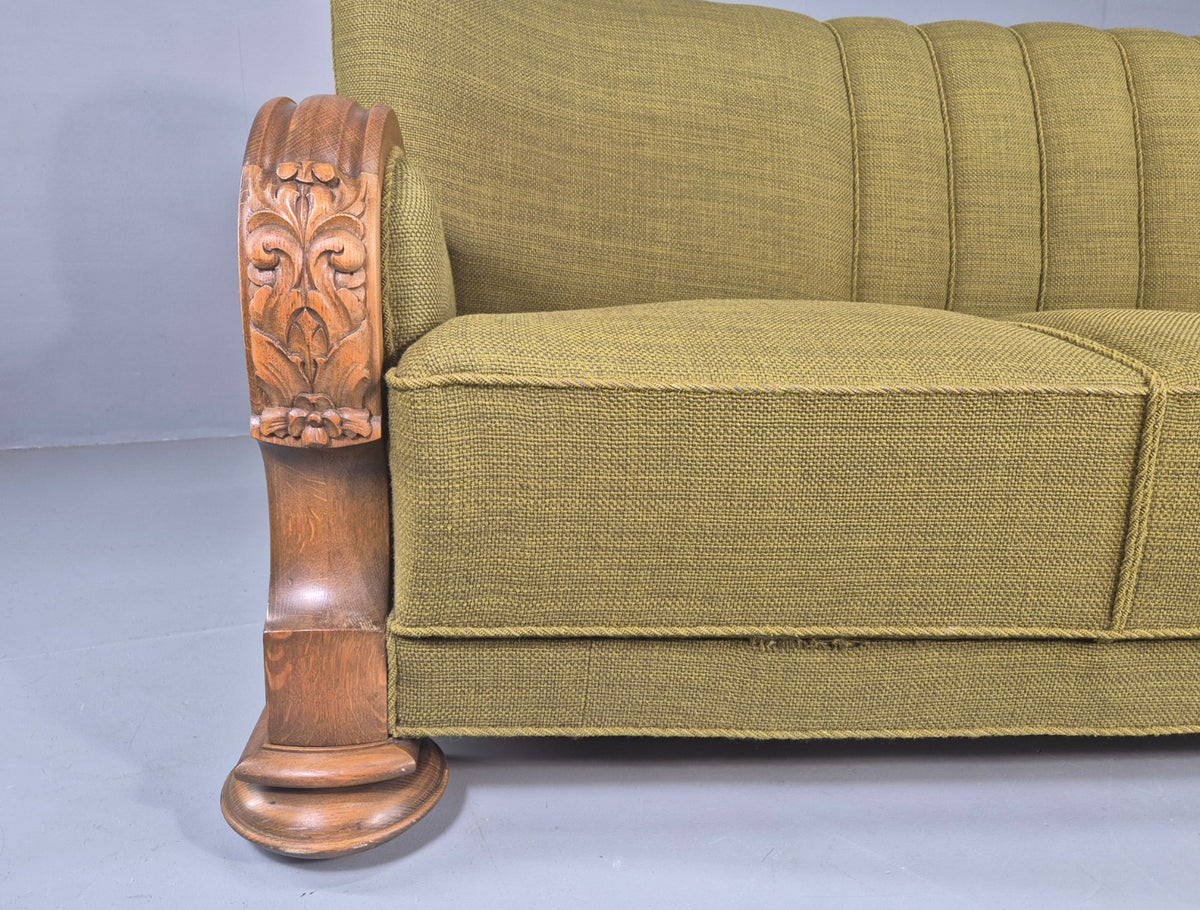 Vintage Danish 3 Seater Sofa Deco Stlyed 1940s Carved Oak Frame Retro EB12673