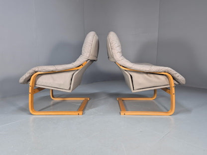 2 Vintage 1980s Leather Lounge Chairs Bentwood Frames Danish Retro MCM EB09253