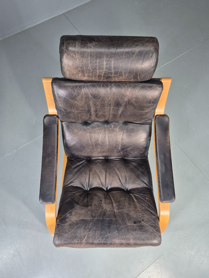 Vintage 1970s Danish Lounge Chair Black Leather and Bentwood MCM Retro EB13082