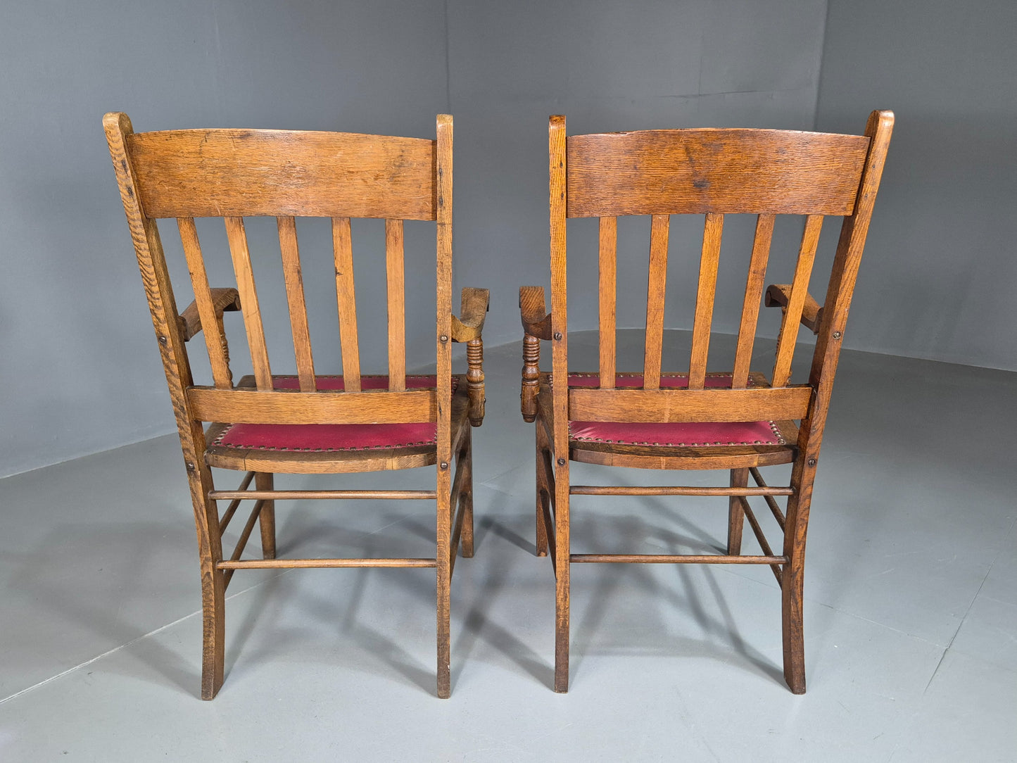 2 Antique Elbow Chairs Danish Oak Frame Red Leather 1900s EB07393
