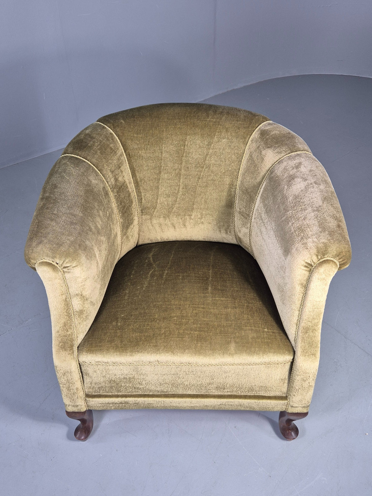 Vintage Danish Art Deco Tub Chair Green Velour Cabriole Legs 1940s EB12717