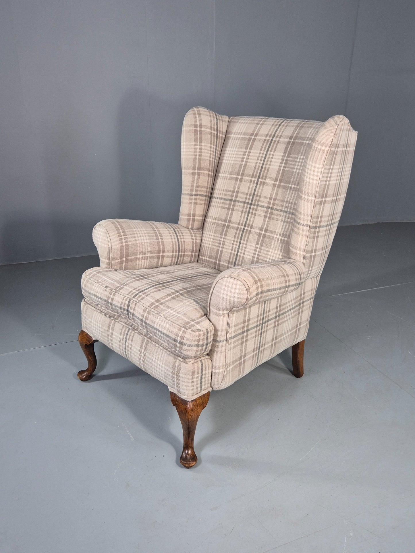 Vintage Wingback Lounge Chair 20th Century Check Wool Upholstery EB12856