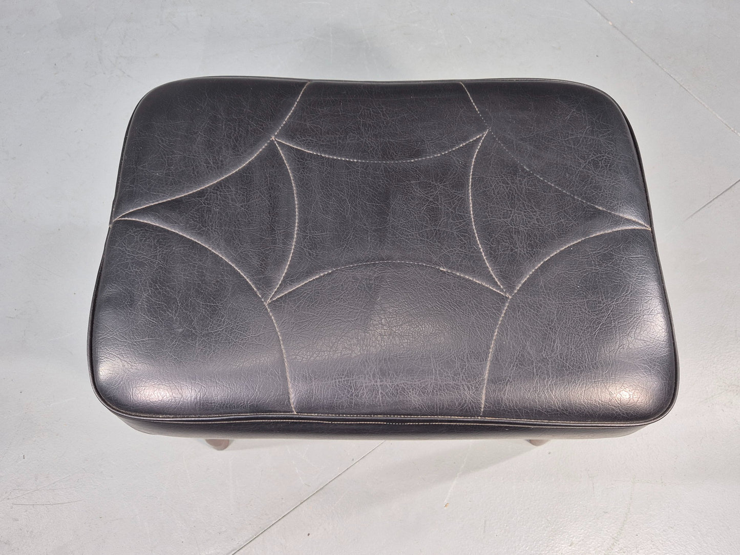 Vintage Mid Century Footstool Danish Black Vinyl Teak Legs 1960s Retro EB12012