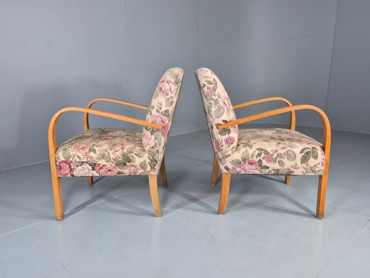 2 Vintage Danish Lounge Chairs 1950s Deco Bentwood Floral Print Retro EB12644