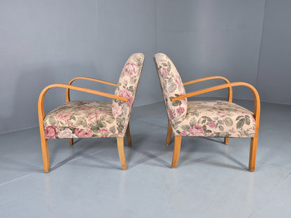 2 Vintage Danish Lounge Chairs 1950s Deco Bentwood Floral Print Retro EB12644