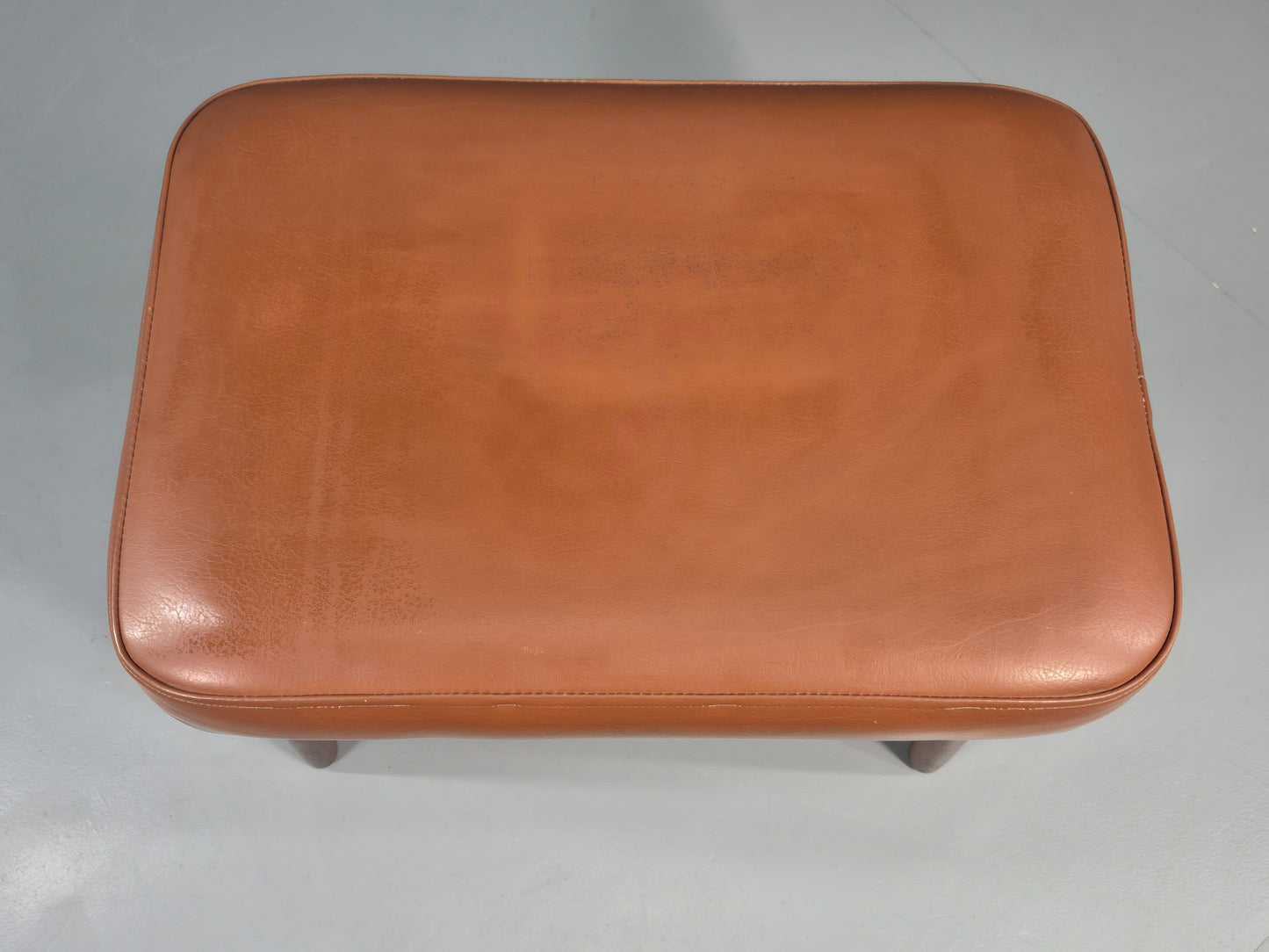 Vintage Danish Mid Century Footstool Teak Legs Brown Vinyl  1960s Retro EB12023