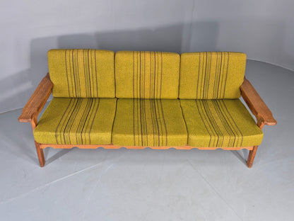 Vintage Danish 3 seater Sofa Oak Kjaenulf Green Cushions 1970s Retro EB12781
