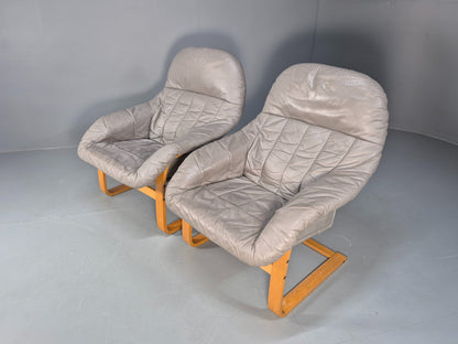 2 Vintage 1980s Leather Lounge Chairs Bentwood Frames Danish Retro MCM EB09253