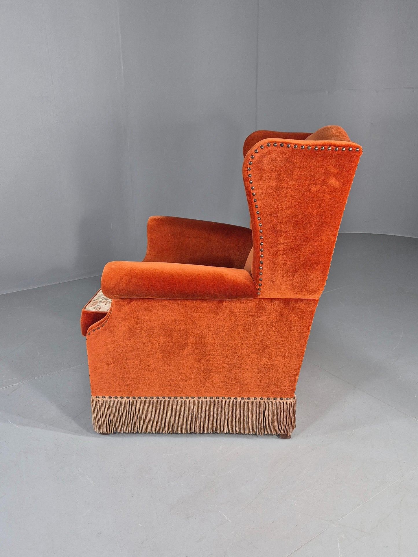Vintage Wing Back Lounge Chair Danish 20th Century Orange Cream Tassels  EB12707