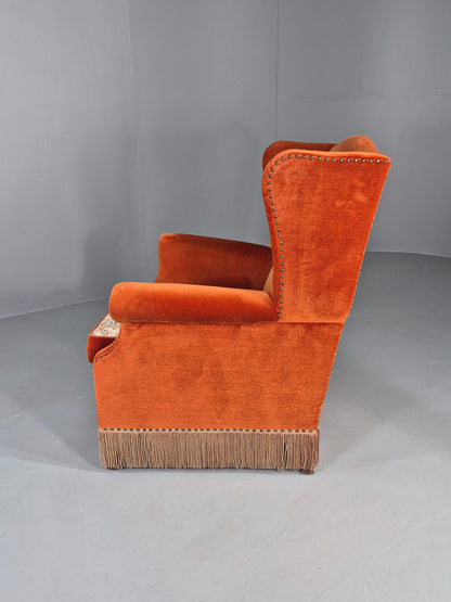 Vintage Wing Back Lounge Chair Danish 20th Century Orange Cream Tassels  EB12707