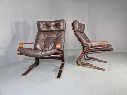 2 Vintage Skyline Leather Lounge Chairs High Back Bentwood Frame Retro EB13085