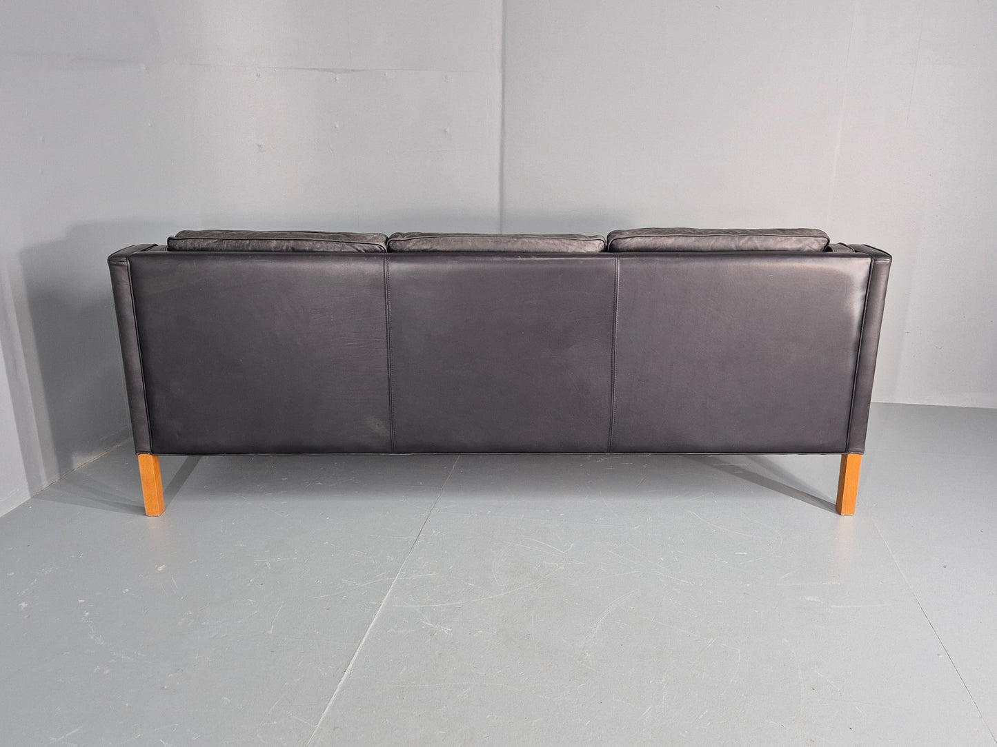 Vintage Stouby 3 Seat Sofa Black Leather 1980s Retro MCM Mogensen Style EB12427