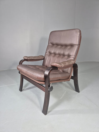 Vintage Danish Lounge Chair Reclining Bentwood Frame Leather Upholstery EB13084