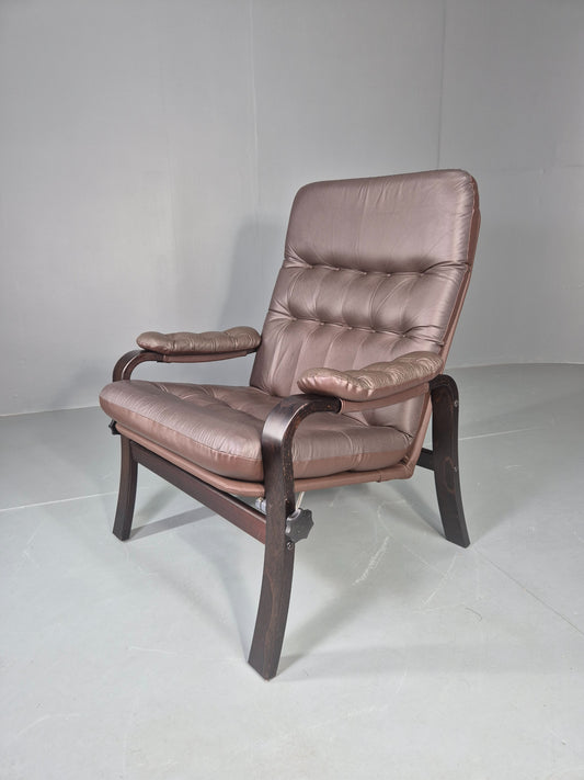 Vintage Danish Lounge Chair Reclining Bentwood Frame Leather Upholstery EB13084
