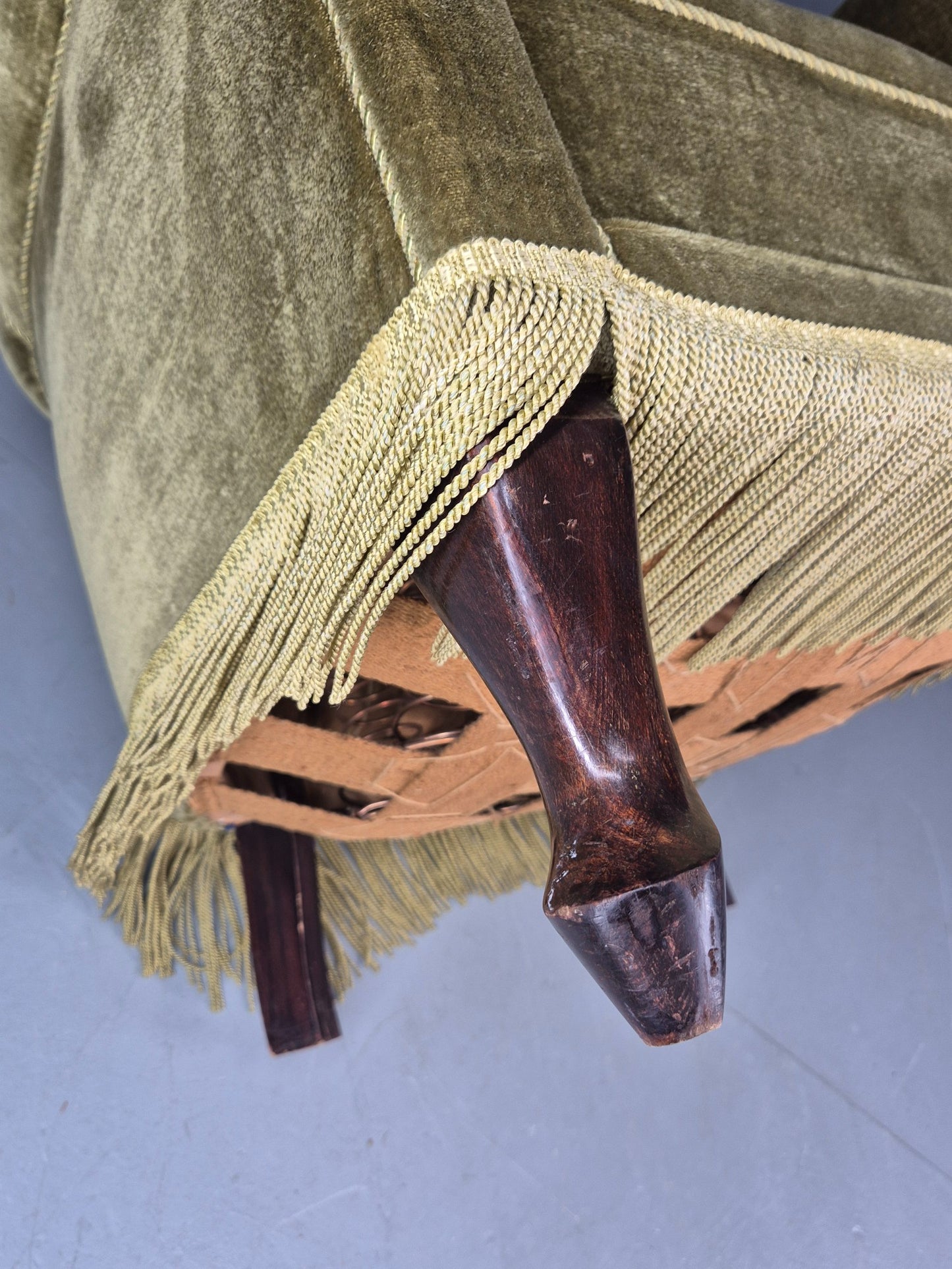 Vintage Danish Art Deco Tub Chair Green Velour Tassels 1940s  EB12710
