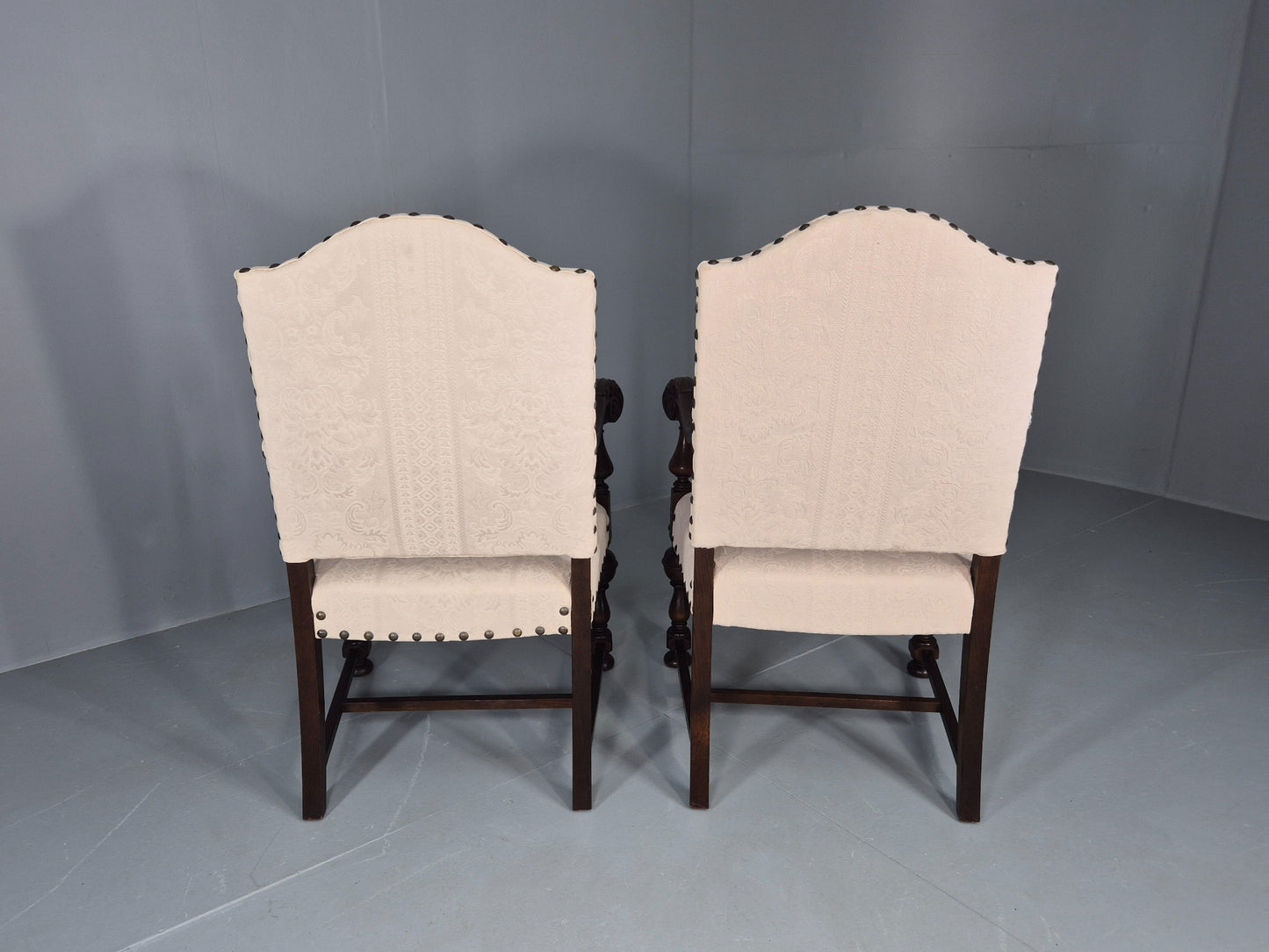 2 Vintage Carolean Style Oak Armchairs 1950s Danish Repro Quality Eb12641