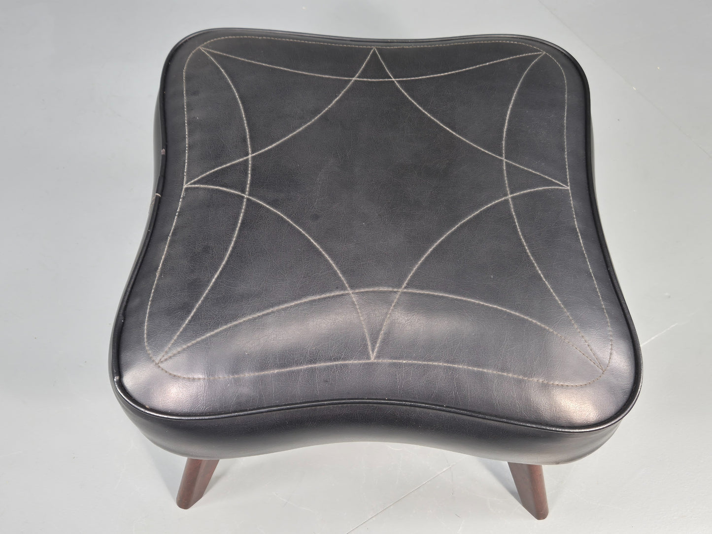 Vintage Danish Mid Century Footstool Black vinyl Rosewood Legs 1960s EB12100