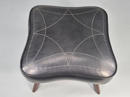 Vintage Danish Mid Century Footstool Black vinyl Rosewood Legs 1960s EB12100