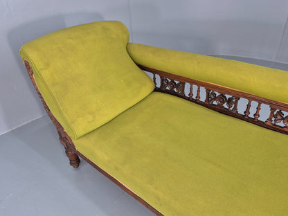 Edwardian Antique Chaise Lounge Green Velvet Velour Oak Frame  EB12458