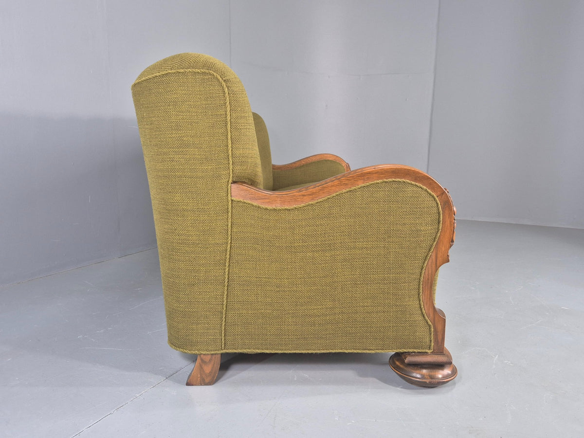 Vintage Danish 3 Seater Sofa Deco Stlyed 1940s Carved Oak Frame Retro EB12673