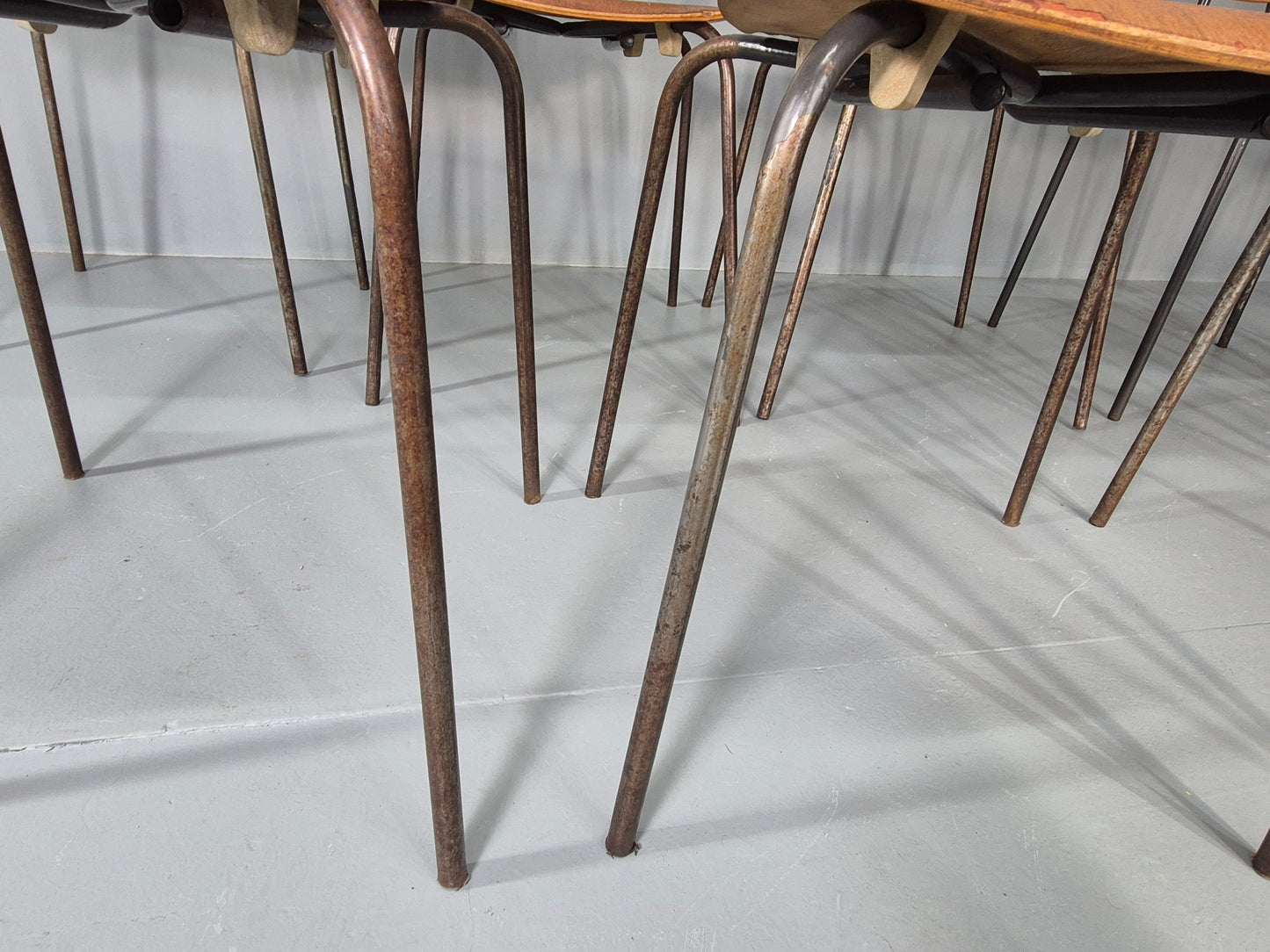 12 Vintage Danish Stacking Industrial Chairs Teak and Steel 1960s Retro EB12402
