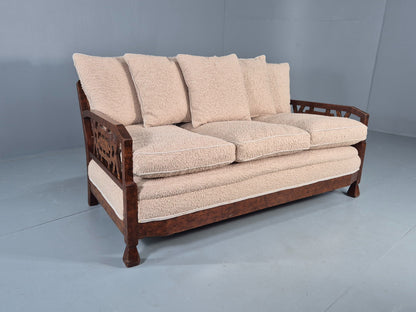 Vintage Art Deco 3 Seat Sofa Dappled Walnut White Boucle Bergere EB12557