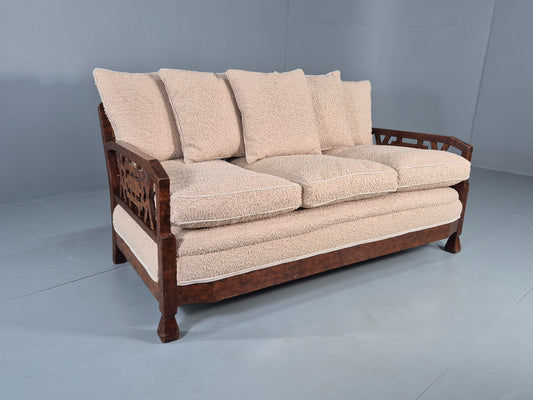 Vintage Art Deco 3 Seat Sofa Dappled Walnut White Boucle Bergere EB12557